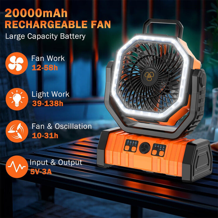 20000mAh Camping Fan w/ LED - Rechargeable Fan, Auto-Oscillating, Remote